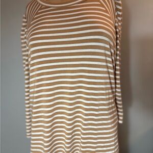 NY Collection Striped Tan and White 3/4 Sleeve  Top Size Large
